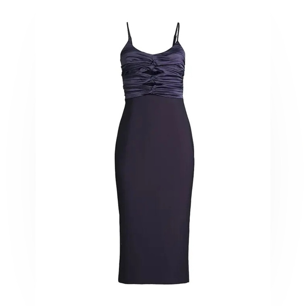 LIKELY Steph Ruched Satin & Crepe Midi Dress NWT 00 | Navy Cocktail Gown